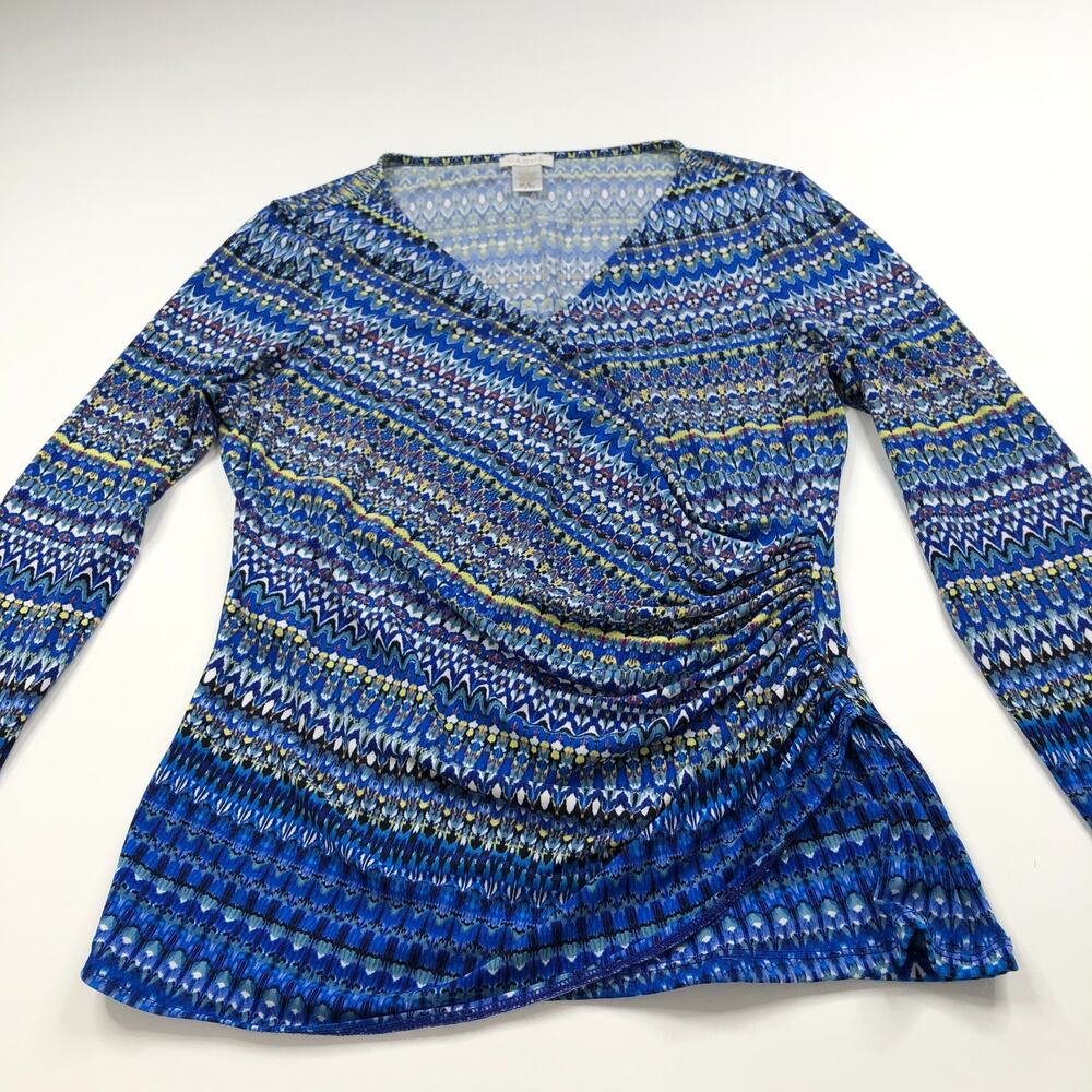 Cache Faux Wrap Large Pullover V-Neck Long Sleeve Shirt Blue All Over Print MINT